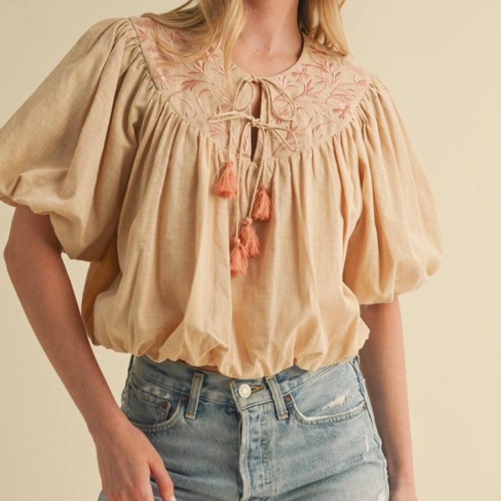 Merci Embroidered bubble hem top, Sand, various sizes